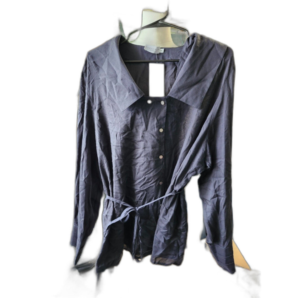 Harshman Geneva Navy Blue Belted Button-Front Blouse – Women’s Size 2XL